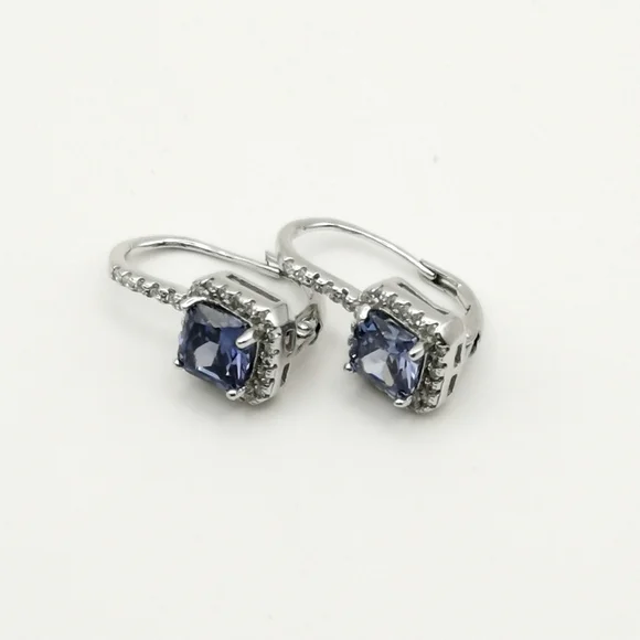 Sterling Silver CZ Sapphire CZ square cut earrings lever backs - Picture 7 of 9
